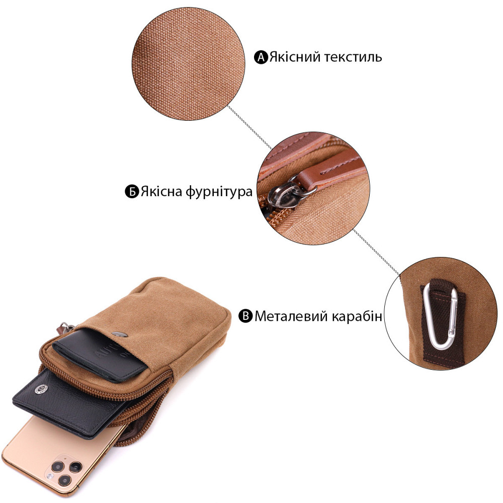 Добротна сумка-чохол на пояс із металевим карабіном із текстилю Vintage 22225 Коричневий Київ - фото 4