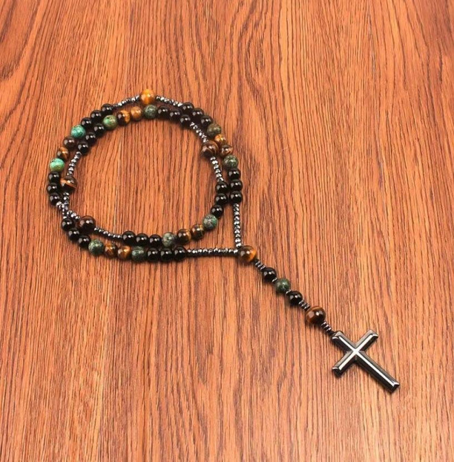 Винтажное ожерелье с крестом из африканской яшмы, тигрового глаза и черного агата Киев - изображение 5