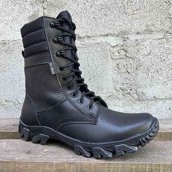 Тактические летние мужские берцы черные, высокие кожаные военные берцы водостойкие, прошитые Львов