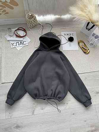 Жіноча стильна тепла худі з фіксаторами суцільна турська тринитка на флісі Графіт Одеса