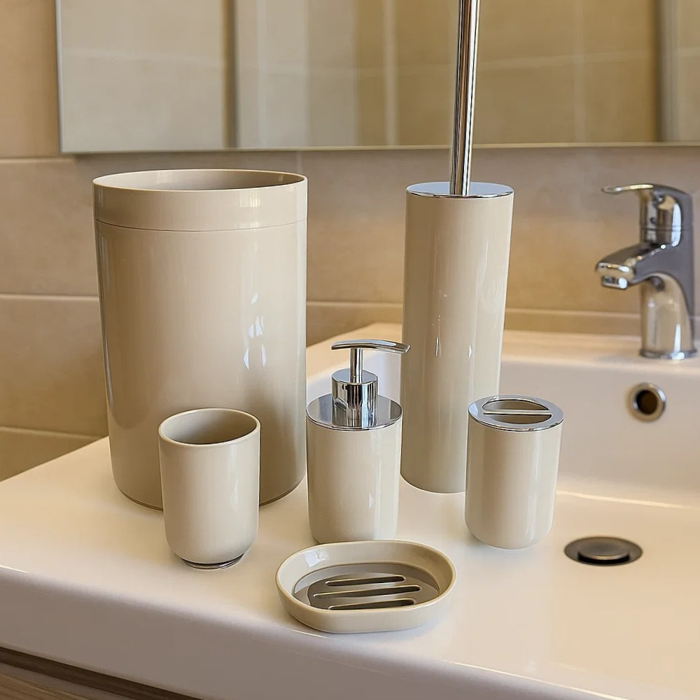 Набор аксессуаров для ванной и душевой комнаты Bathlux 6 штук урна,ёршик дозатор,стаканы,мыльница, бежевый Каменец-Подольский - изображение 6