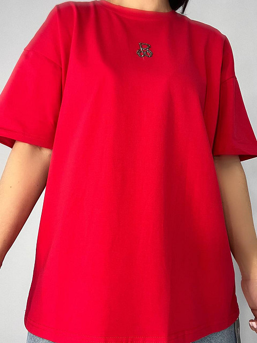 Футболка женская A-N 2006 базова широка оверсайз ведмедик камінчики one size, червоний, one size Київ - фото 7