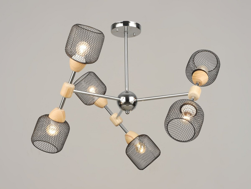 Люстра стельова на 6 плафонів VALESO K2347/6, патрон E27, підвісна, Хром+Дерево K2347/6 Коломия - фото 1