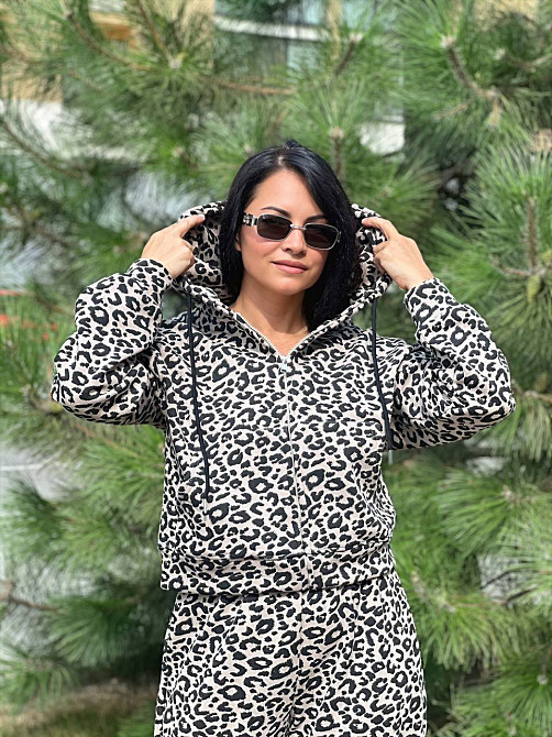 Костюм женский W 9231 леопардовый утепленный флис худи и брюки палаццо коричневый, коричневый, S Киев - изображение 4