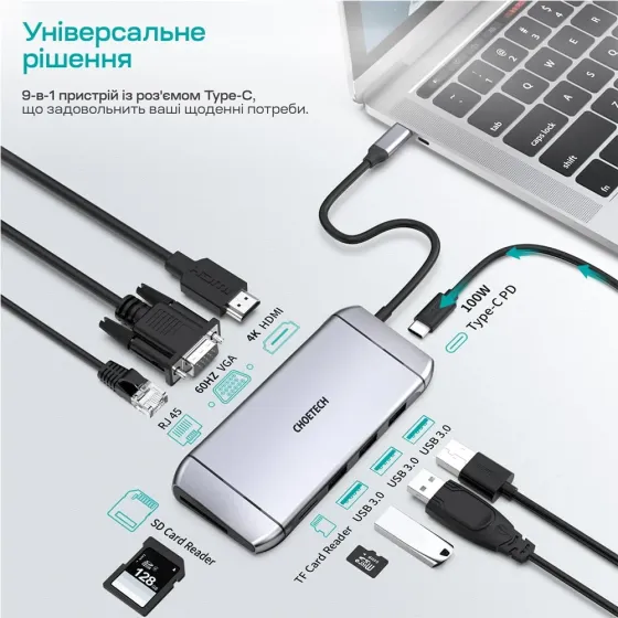 USB-C хаб 9-в-1 Choetech M15 HDMI 4K@30Hz, VGA, 3 USB3.0, RJ45, USB-C PD, SD-card, TF-card (43-00153) Киев