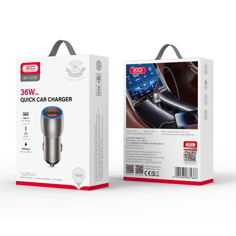 Автомобильное зарядное устройство XO CC52 Metal Dual USB QC3.0 36W черный Львов - изображение 7