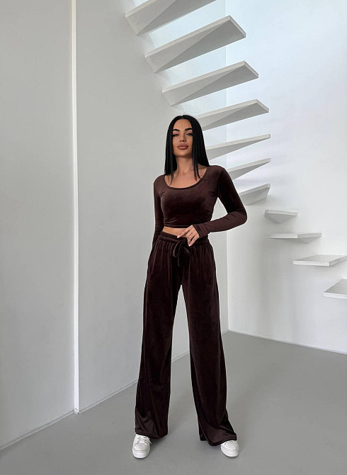 Женский прогулочный костюм двойка: лонгслив и штаны велюр Шоколад, 46/48 Одесса - изображение 1
