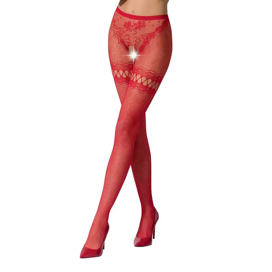 Сітчасті колготки з відкритим доступом Passion S015 One Size, Red, імітація панчіх і трусиків Львов - изображение 1