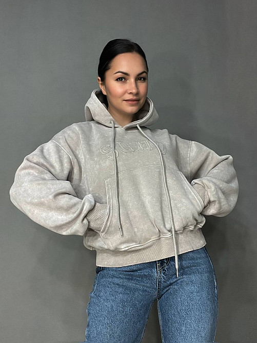 Худі жіноче Joy One 25513 варене тай-дай вишивка попереду оверсайз з капюшоном середня довжина  one  Одеса - фото 7