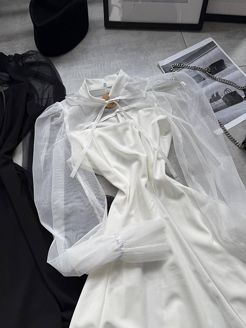 Женское нежное платье с рукавами из сеточки креп дайвинг Молочный, 42/44 Одесса - изображение 7