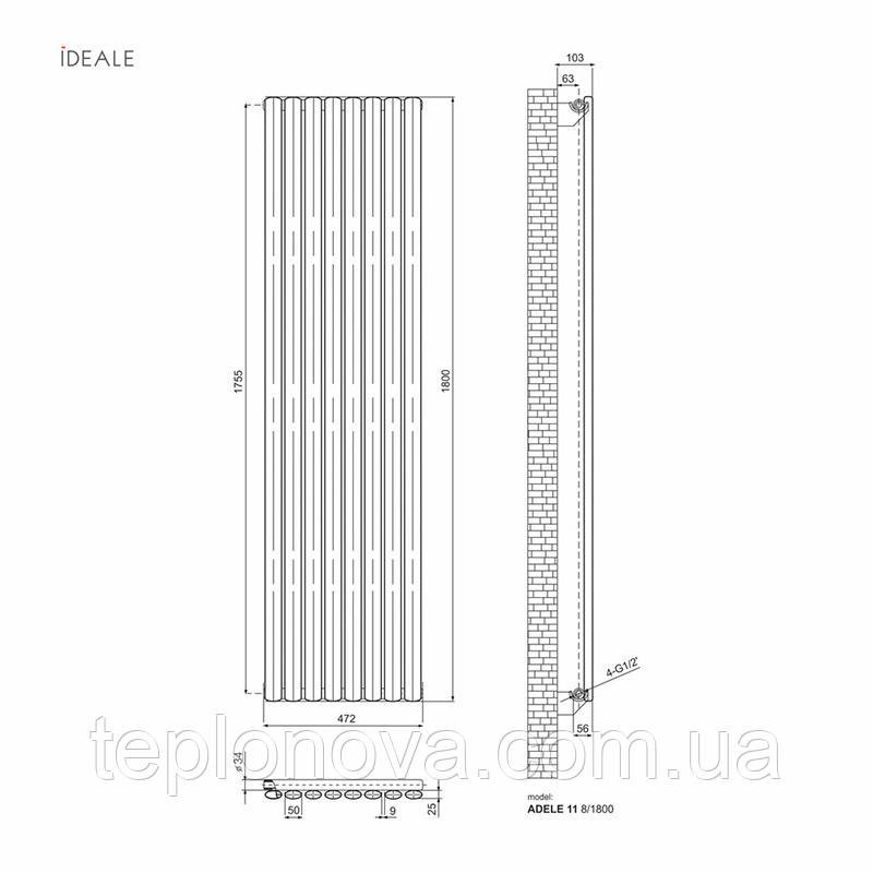 Дизайнерский радиатор 1800/472 (мм) чёрный мат IDEALE ADELE (универсальное подключение) 11 8/1800/472 Черновцы - изображение 7
