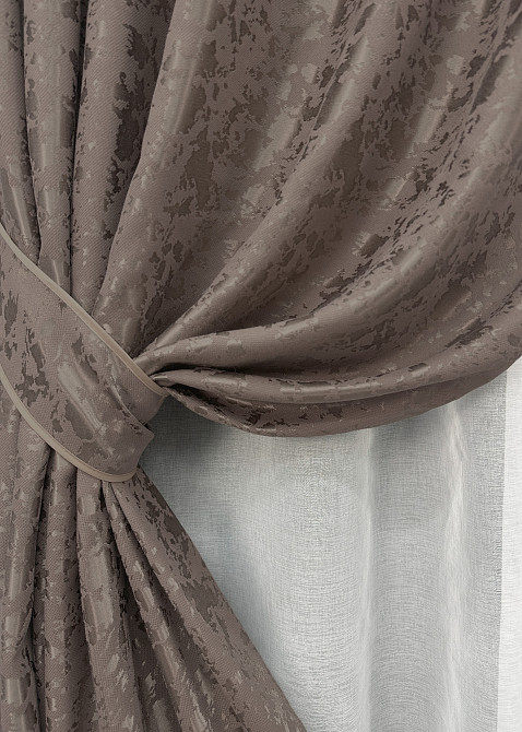 Комплект штор VR-Textil Лен Мрамор 200х270 2шт и Тюль 600х270 1718ш-1276т Какао с белым 71-014/7 Киев - изображение 4