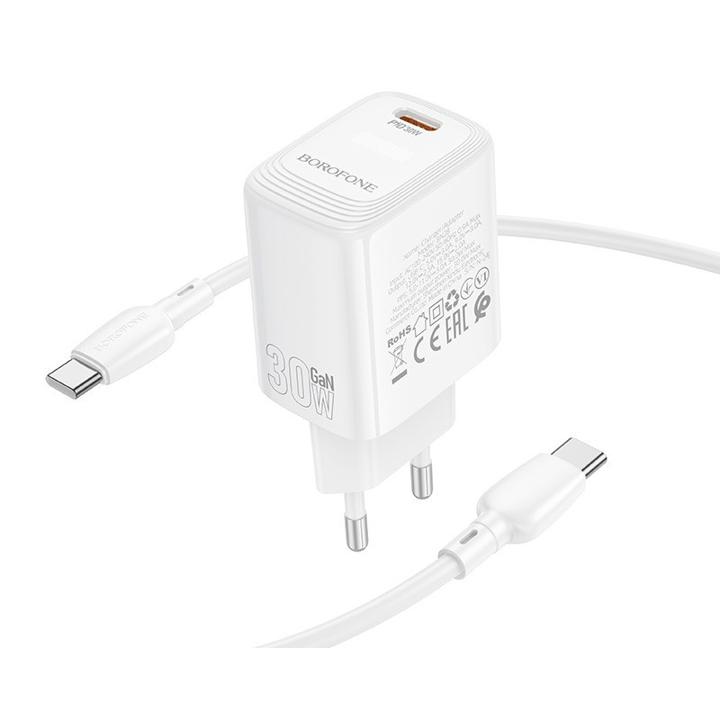 Мережевий зарядний пристрій з кабелем BOROFONE BN28 Fuente single port PD30W charger set (C to C) (EU) White Одеса - фото 6