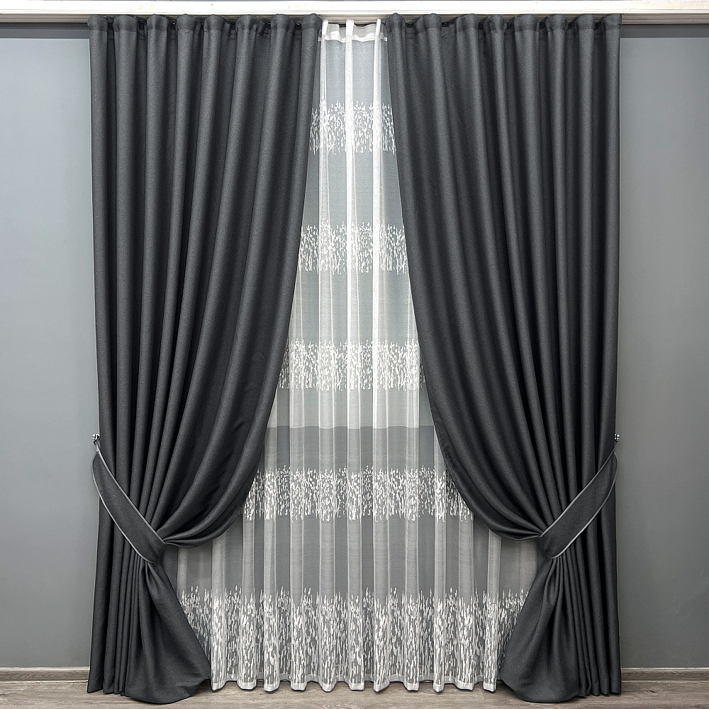 Комплект штор VR-Textil Льон Мішковина 200х270 2шт і Тюль 500х270 1161ш-1675т Графітовий з білим 71-164/6 Київ - фото 1