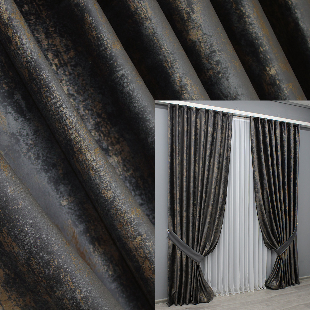Комплект готовых штор VR-Textil Бархат Афина № 1540ш Графитовый с золотистым 200х295 см 2 шт (32-055) Киев - изображение 1