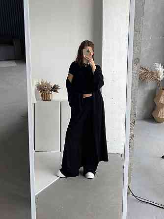 Жіночий базовий прогулянковий костюм-трійка: кімоно + футболка + палаццо турецька натуральна віскоза Чорний Одеса