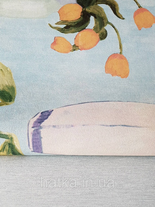 Шпалери вінілові Decoprint Breeze квіти у вазі помаранчеві червоні зелені на блакитному акварель 0.53х10 м Київ - фото 2