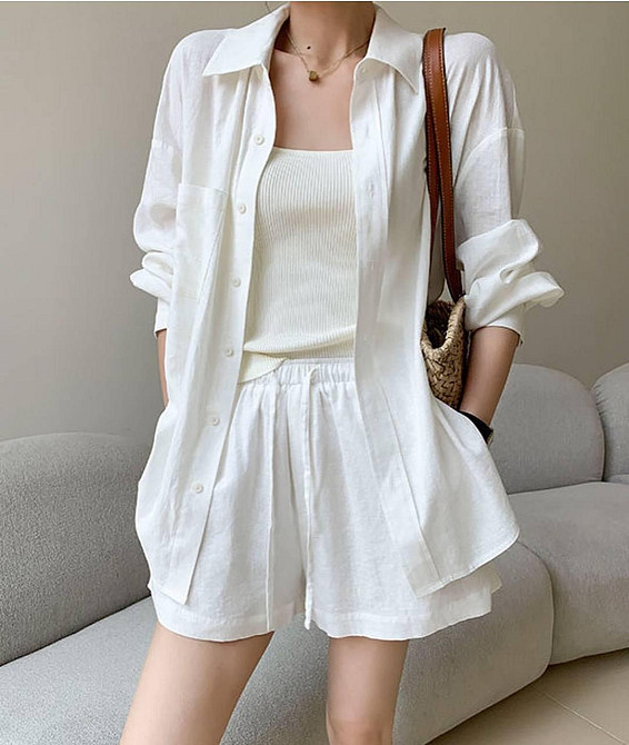 Женский базовый летний костюм двойка: рубашка и шорты креп жатка 46/48, Молочный Одесса - изображение 1