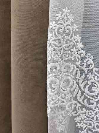 Комплект штор VR-Textil Мікровелюр Petek 200х270 2шт і Тюль 600х270 2014ш-1706т Коричневий з молочним 71-193/7 Київ