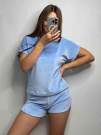 Пижама женская футболка + шорты из плюшевого велюра Голубой XXL Харьков