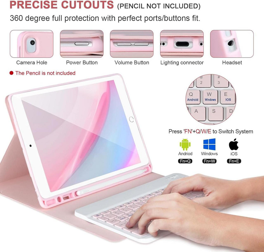 Чохол-клавіатура для iPad 9.7 (iPad 6/5, Air 1/2) з Bluetooth знімна клавіатура тримач для Apple Pencil рожевий Київ - фото 5