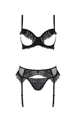 Комплект Passion KERRIA SET WITH OPEN BRA black, L/XL, бюстгальтер з відкритою чашкою, стрінги, пояс для Sex Aura Київ