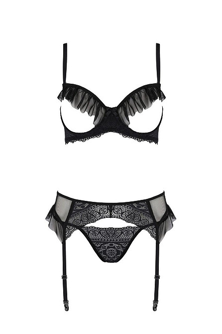 Комплект Passion KERRIA SET WITH OPEN BRA black, L/XL, бюстгальтер з відкритою чашкою, стрінги, пояс для Sex Aura Київ - фото 3