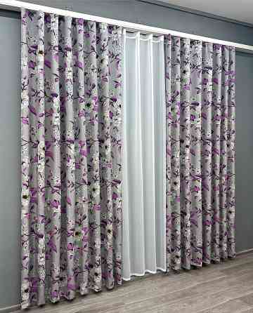 Комплект готових штор VR-Textil Льон з квітковим принтом "Прованс" № 1820 Сірий з фіолетовим 200х265 см 2 шт (32-141) Київ
