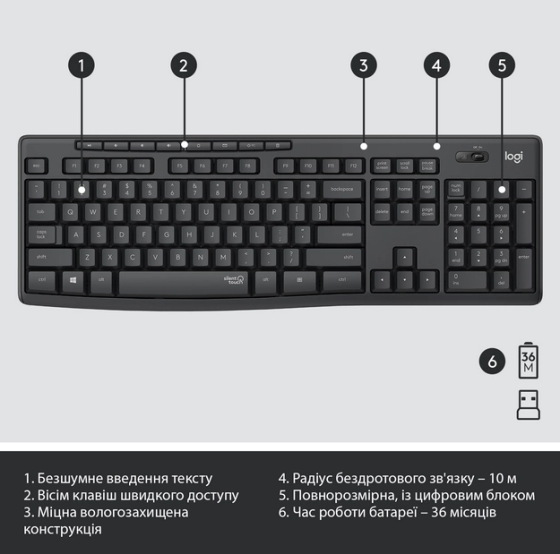 IT набір Logitech MK295 Silent Wireless Combo, US, Graphite (920-009800) (6836269) Киев