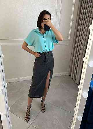 Женская легкая базовая рубашка с коротким рукавом на пуговицах американский креп 46/48, Ментоловый Одесса