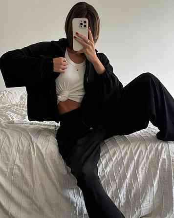 Женский теплый оверсайз костюм двойка: кофта и штаны турецкий полар флис Черный Одесса