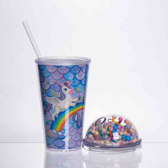 Yiwu пластиковий стакан з трубочкою і кришкою 400 мл багаторазовий Блакитний HP-18-2Y Коломыя