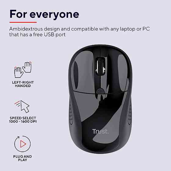 Мышь Trust Primo Черная Беспроводная оптическая 2.4G USB 1000/1600 DPI амбидекстрная для ноутбука/PC/Mac Киев
