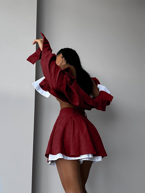 Жіночий стильний костюм-двійка: піджак і спідниця мікровельвет Бургунді, 42/44 Одеса - фото 5