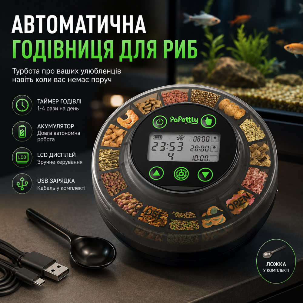 Автоматическая кормушка для рыб Papettly аккумуляторная с ЖК-дисплеем и таймером автоматический дозатор корма для аквариума Киев - изображение 1