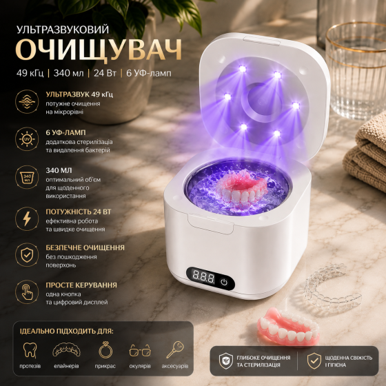 Ультразвуковой очиститель Charmofun 49 кГц, 340 мл, 24 Вт, 6 УФ-ламп, ультразвуковая ванна для протезов, элайнеров, украшений Киев