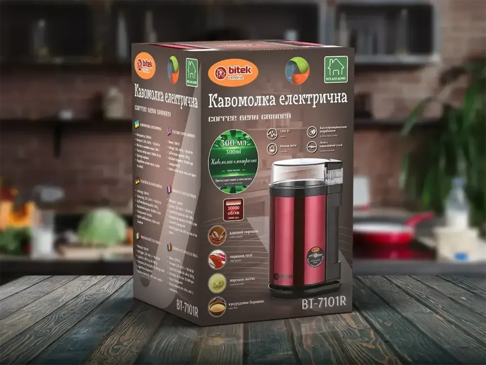 Кавомолка електрична BITEK BT-7101R 1200Вт 300г, 2 ножі з нержавіючої сталі, червона, 30000 об/хв Одеса - фото 1