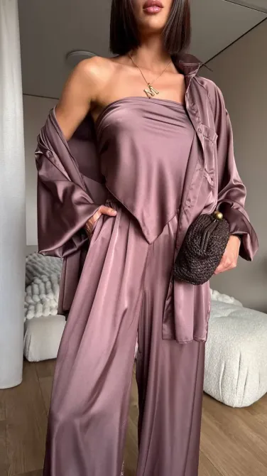 Жіночий шовковий костюм-трійка oversize (штани + сорочка + хустинка)— стильний комплект Одеса - фото 3