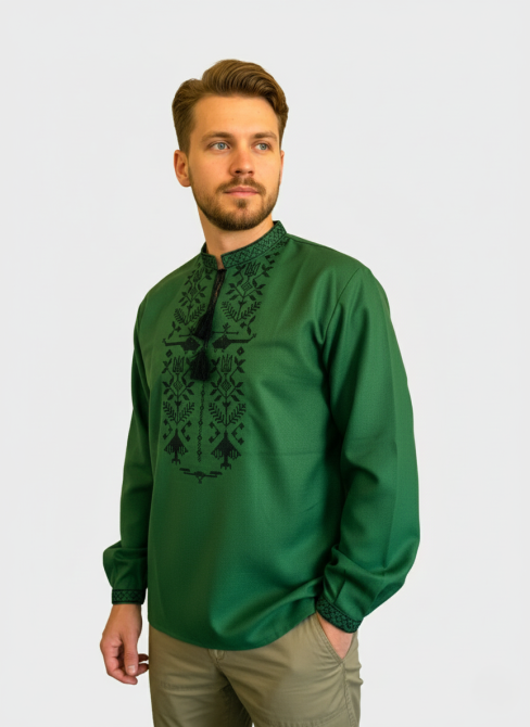 Мужская вышиванка зеленого цвета на длинный рукав. Киев - изображение 2