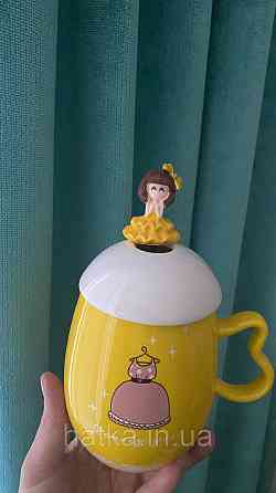 Кухоль чашка дитяча кераміка з кришкою і ложкою Olens "Принцеса" 360 мл жовтий Київ