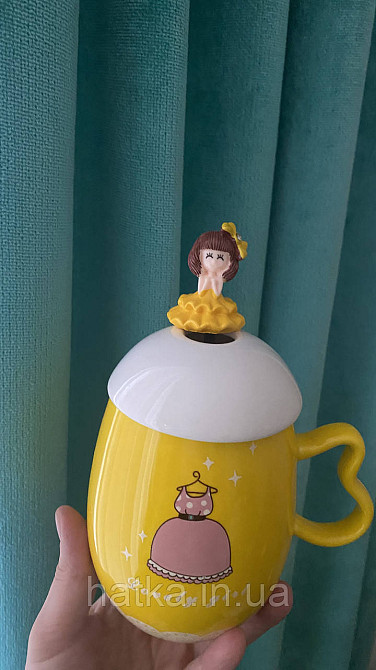 Кухоль чашка дитяча кераміка з кришкою і ложкою Olens "Принцеса" 360 мл жовтий Київ - фото 2