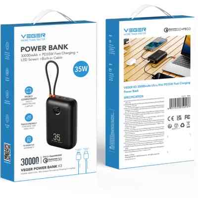 Батарея универсальная VEGER 30000mAh K3 35W PD QC3.0 black (6977525750137) Винница