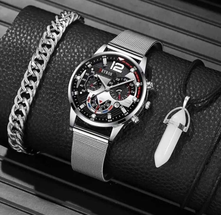 Подарочный набор для мужчин: наручные часы, 1 браслет и 1 ожерелье- диам 4,1 дл. 22см шир рем 2см, без коробки Киев - изображение 3