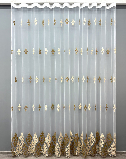 Тюль VR-Textil 1845т Фатин с объемной вышивкой Белый с бежевым и шоколадным 300х270 см (40-202) Киев - изображение 2