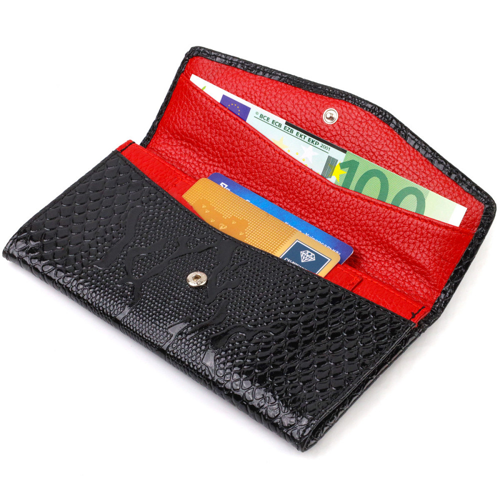 Фактурне жіноче лаковане портмоне з натуральної шкіри з тисненням під змію CANPELLINI 21700 Чорне Київ - фото 5