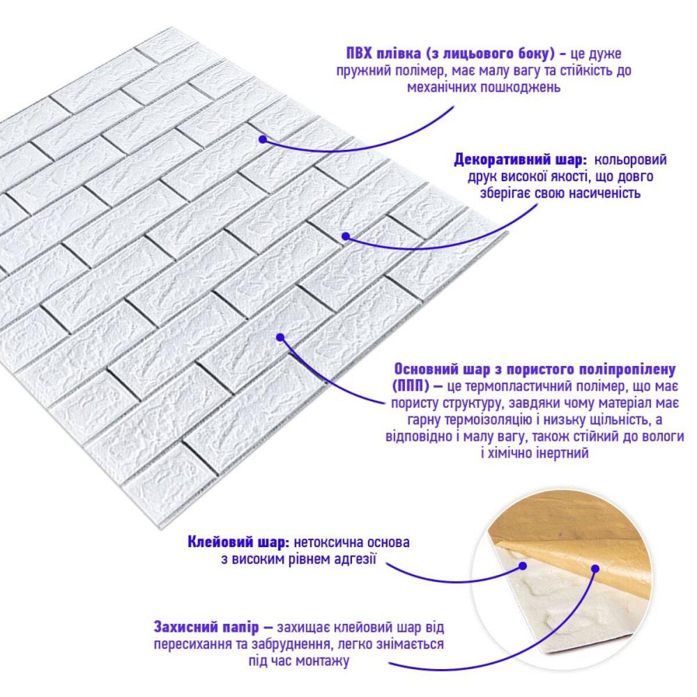 Самоклеющаяся 3D панель 700х770х5мм Белый кирпич полоска серебро (100-5) SW-00000753 Днепр - изображение 2