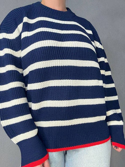 Светр жіночий MIX RAY 6635 смужка оверсайз подовжений вільний крій, темно-синій, one size Київ - фото 17