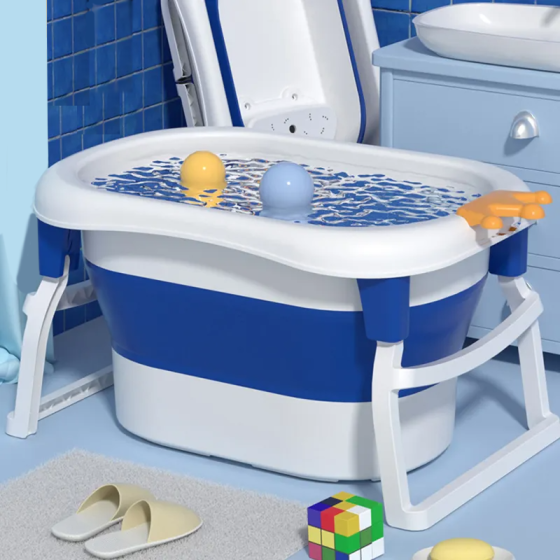 Дитяча складна ванночка для купання, ванна для дітей зі зручним сидінням і зливною пробкою, складна ванночка біло-синя Кам'янець-Подільський