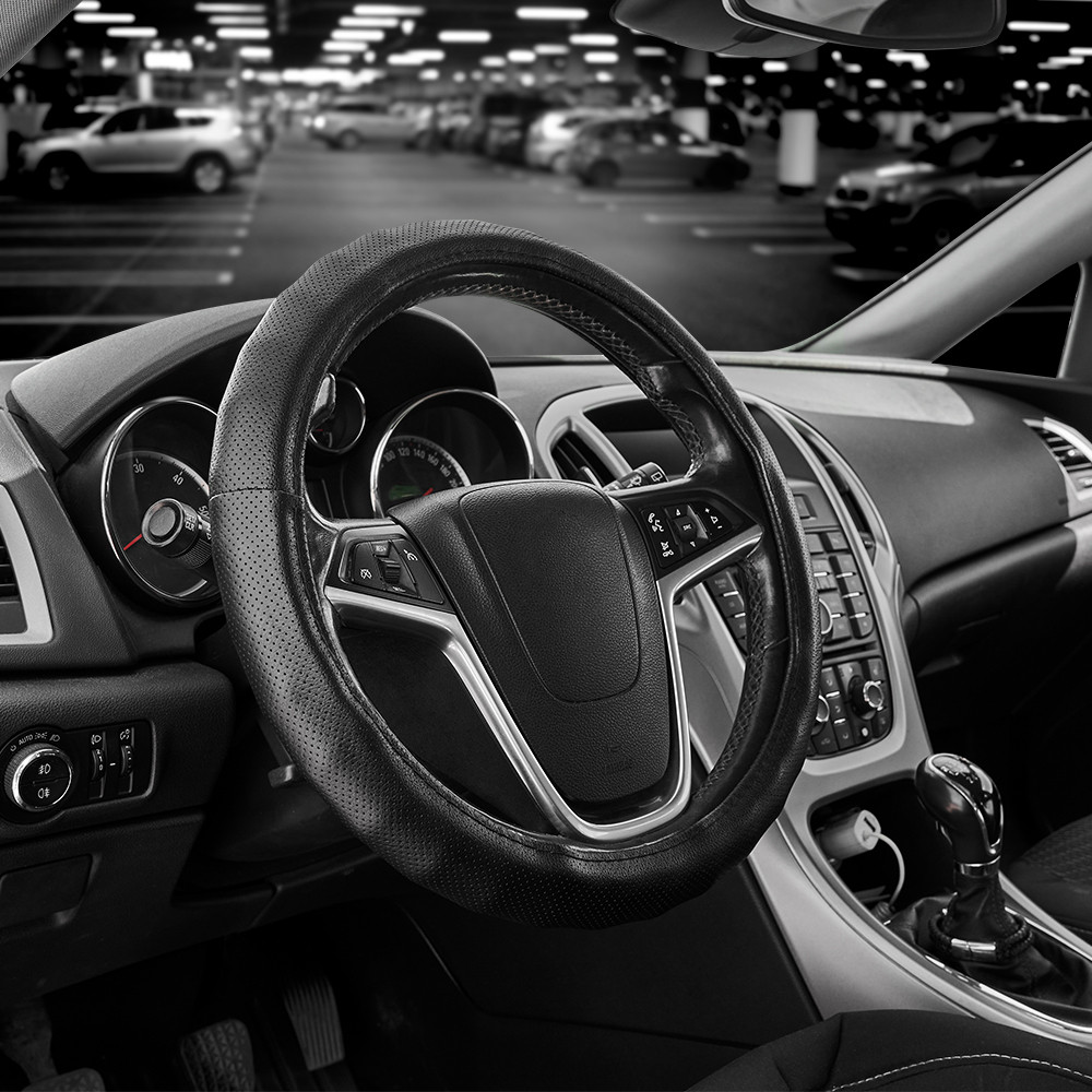 Чехол на руль Carlife 37-39см, экокожа, черный, один шов, перфорированный SW143M Львов - изображение 2