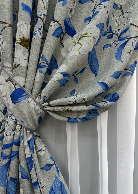 Комплект готових штор VR-Textil Льон з квітковим принтом "Прованс" № 1725ш Світло-сірий з синім 150х265 см 2 шт (33-0635) Київ - фото 5
